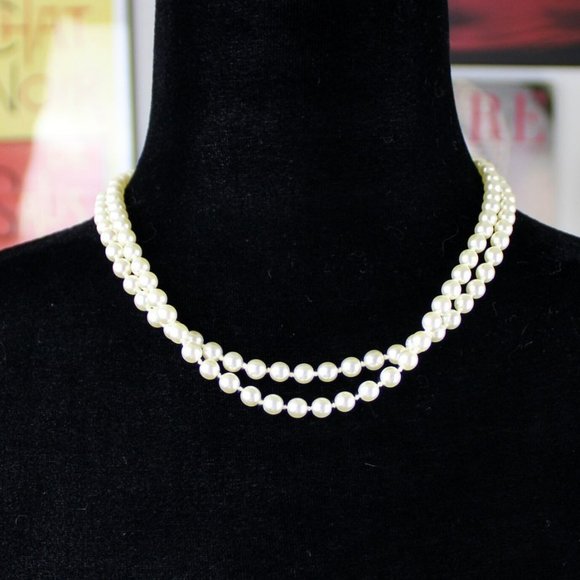 Mid Century Faux Pearl Double Strand Necklace, Rectangular Fish Hook Clasp J18 - Picture 1 of 8